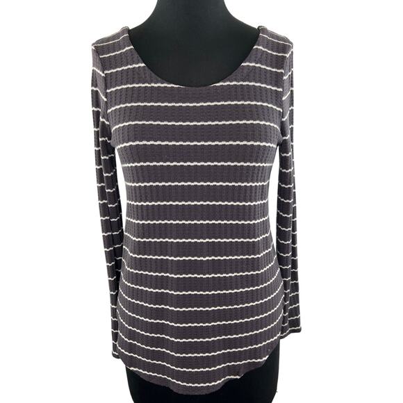 CHASER Gray White Striped Long Sleeve Waffle Knit Women's Top Size S Small - Picture 1 of 9